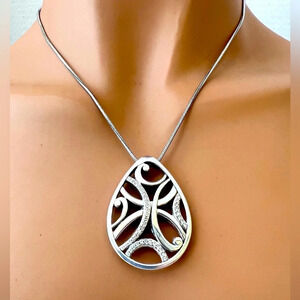 Brighton Teardrop Silver Tone Scrolls With Crystals Pendant Necklace. Retired.